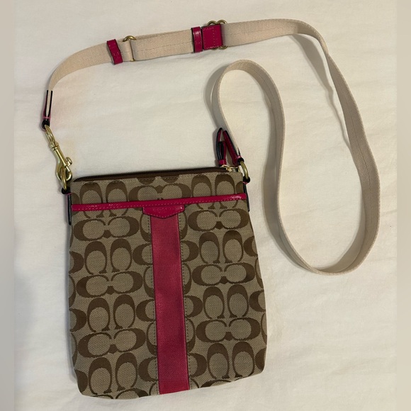 Coach Handbags - Coach Tan and Pink Monogram Crossbody Messenger Bag